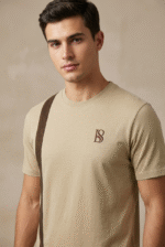 Tan cotton tee for men - full body view, Beyond Style stripe accent casual t-shirt