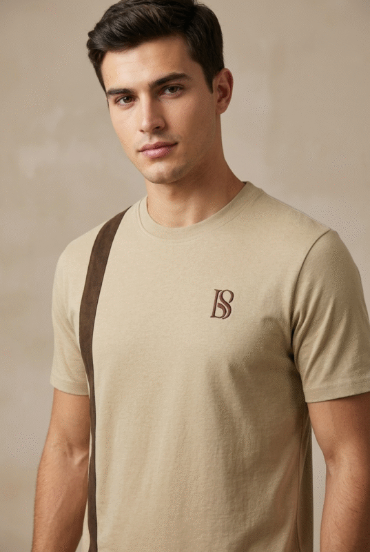 Tan cotton tee for men - full body view, Beyond Style stripe accent casual t-shirt