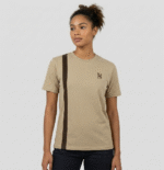 Tan cotton tee for men - side view, Beyond Style dark brown stripe accent tshirt